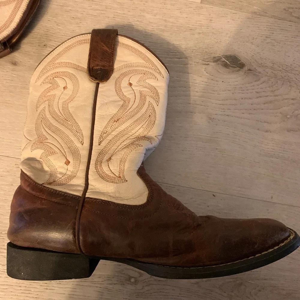 Rank 45‎ Kids Brown Cream Leather Western Cowboy Boots Square Toe